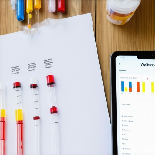 A clinical lab report showing various biomarkers next to a digital tablet.