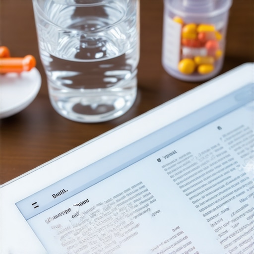 A digital tablet displaying medical lab results next to health supplements.