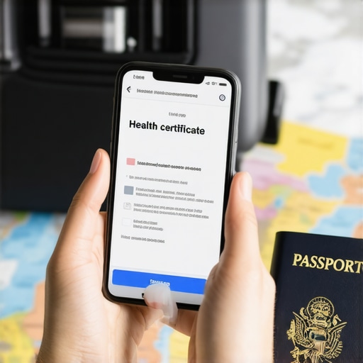 Digital Immunity Records for Travel Smartphone displaying a digital vaccine record next to a passport and suitcase.