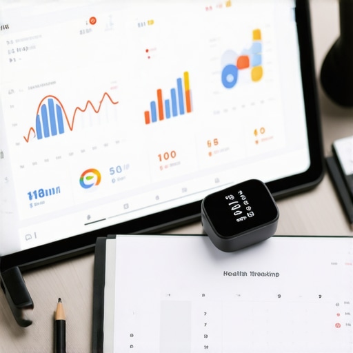 A tablet showing medical data charts and a wellness ring on a modern desk setup.