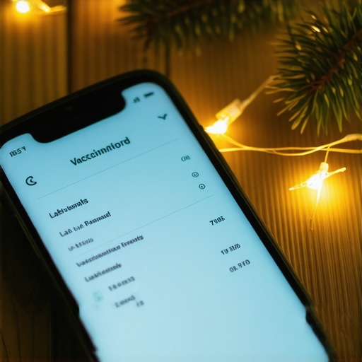 Digital health records and holiday preparation A smartphone showing vaccination records and lab results near holiday decorations.