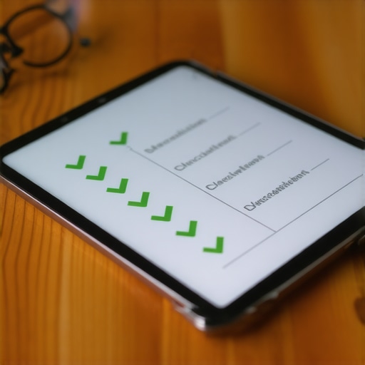 A tablet displaying a digital immunization registry with green checkmarks.