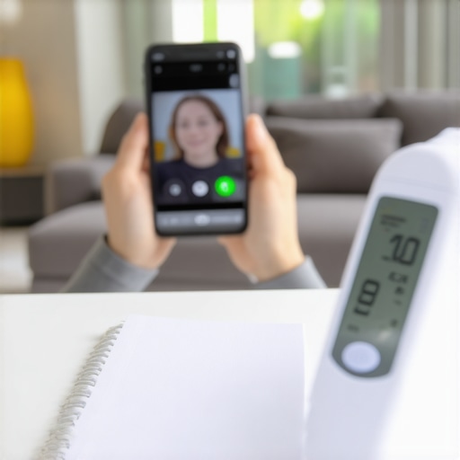 Effective Telehealth Setup A patient using a smartphone for a telehealth appointment in a well-lit room with medical tools ready.