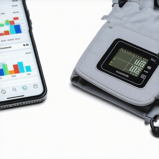 A smartphone health app and blood pressure monitor used for at-home wellness tracking.