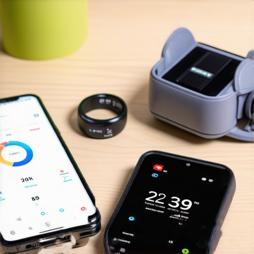 A collection of digital health tools including a smartphone, smart ring, and blood pressure monitor for home wellness management.