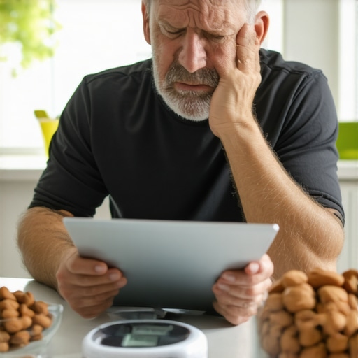 A man analyzing his blood sugar lab results on a digital tablet.