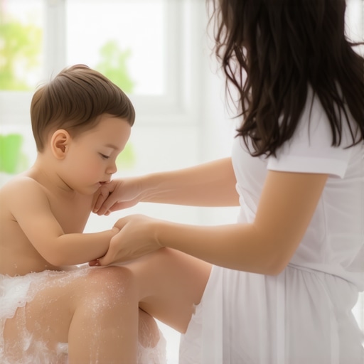 Gentle Pediatric Wound Cleaning at Home A parent cleaning a child's knee injury with soap and water to prevent infection.