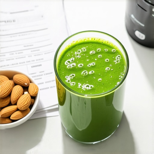 Green smoothie and lab results for skin health A green smoothie next to medical lab reports on a kitchen counter.
