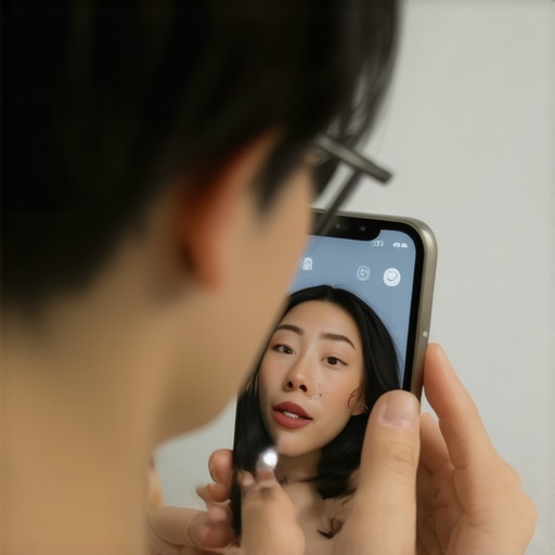 Home Ear Exam via Telehealth A person performing a self-ear exam using a smartphone and flashlight for a virtual doctor visit.