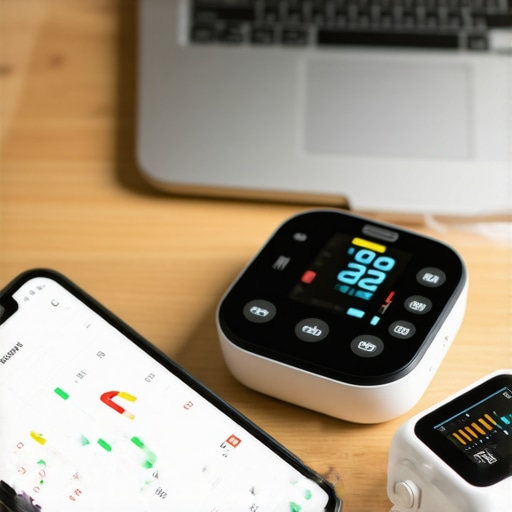 Home Telehealth Monitoring Station Digital blood pressure monitor and smartphone health app on a desk for virtual medical consultations
