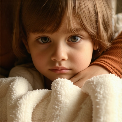A child showing subtle signs of fatigue and glassy eyes on a couch