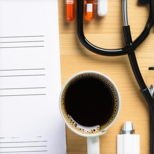 Impact of coffee on lab results A cup of coffee next to medical lab forms and a stethoscope.