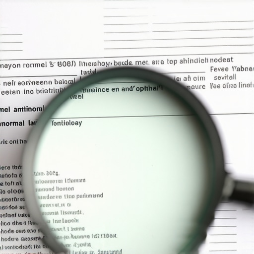 Close-up of a medical lab report and magnifying glass.