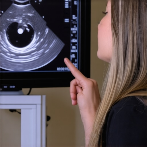 Close up of a thyroid ultrasound showing nodules and tissue texture on a screen