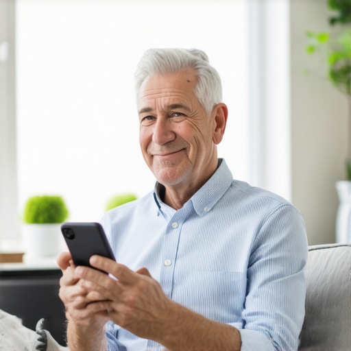 Man using a smartphone for a virtual doctor visit in his living room.