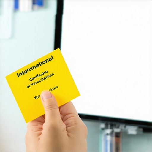 Managing Travel Vaccination Documents Digitally A yellow international vaccination certificate held next to a tablet with a telehealth doctor on screen.