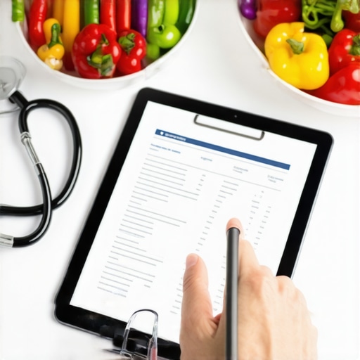 Medical Lab Report and Nutrition for Optimal Health Close up of a health report on a tablet beside healthy food and medical equipment.