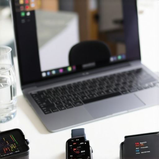 A laptop showing a telehealth call next to a smartwatch and health monitoring tools on a desk.
