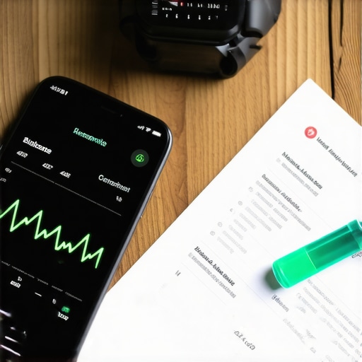 A smartphone and smartwatch showing health metrics and lab data on a wooden table.