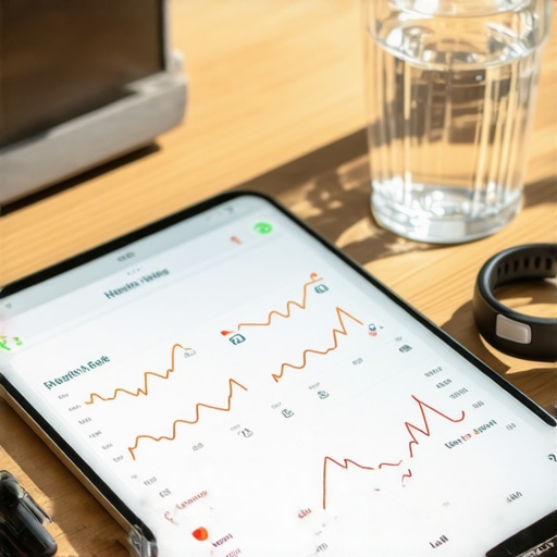 Digital tablet and smart ring showing health metrics and stress scores for personal wellness monitoring.
