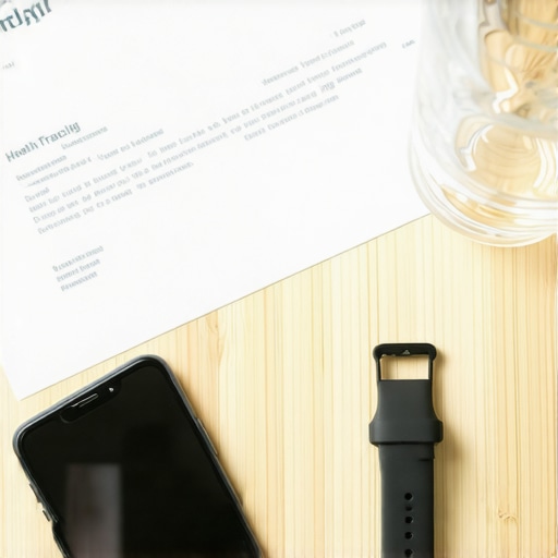 A smartphone, smartwatch, and lab results on a table representing personal health data management.