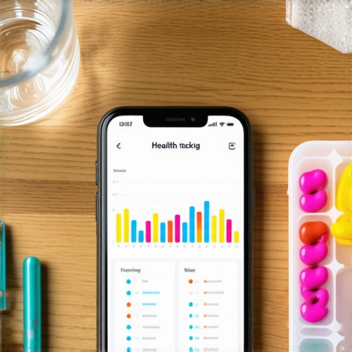 A smartphone showing a health dashboard next to a glass of water and supplements on a desk.