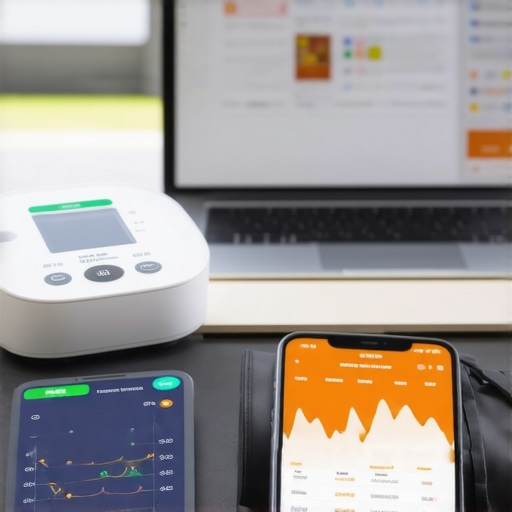 A person's home health tracking station with digital medical devices and data-driven wellness apps on a laptop and smartphone.