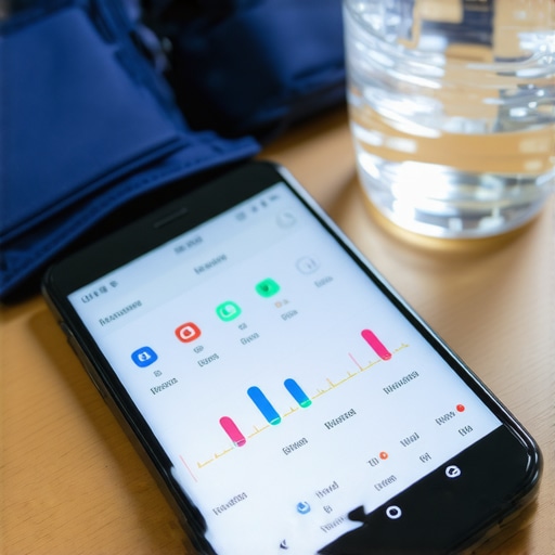 Modern Home Wellness Monitoring Setup A smartphone showing health data trends next to a blood pressure monitor on a desk.