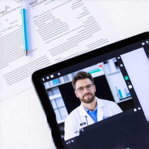 A medical report next to a tablet showing a telehealth session for reviewing lab results.