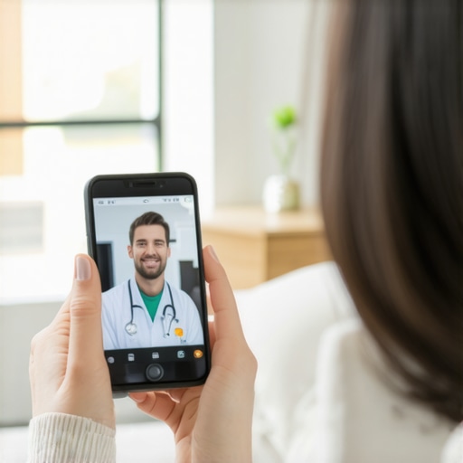 Modern Telehealth Consultation at Home A person comfortably using a smartphone for a virtual doctor visit in their living room.