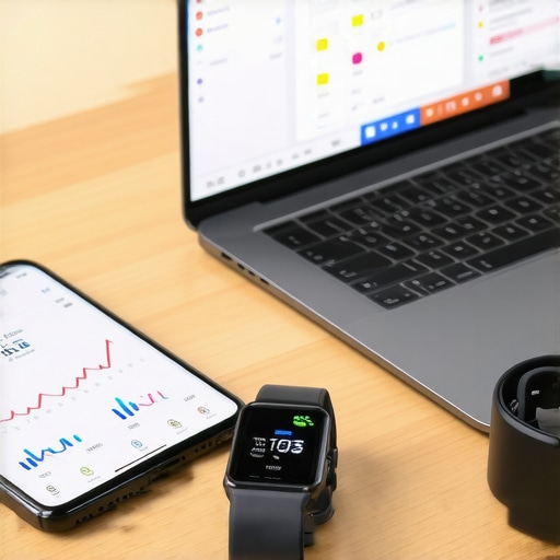 Modern Telehealth and Wellness Monitoring Tools A collection of digital health tools including a telehealth app and glucose tracking software on a desk.