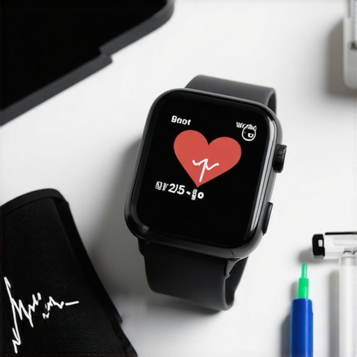 Modern Tools for Cardiovascular Health Maintenance Digital blood pressure monitor and smartwatch for home health tracking.