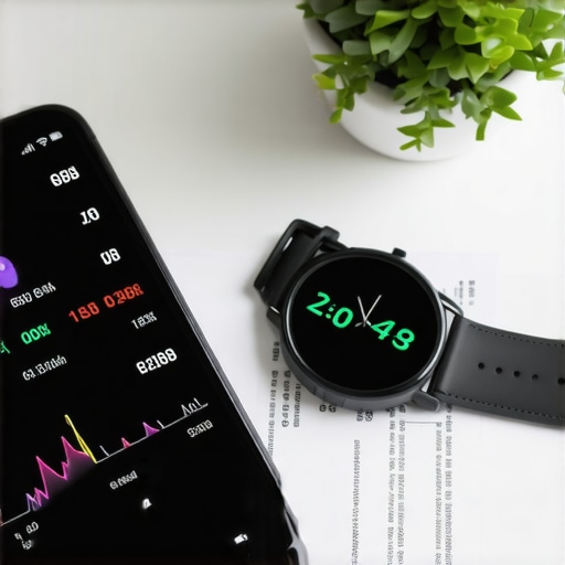 A smartphone and smartwatch showing health data next to a lab report on a clean desk.