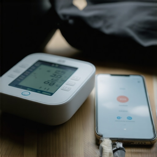 A digital blood pressure cuff and smartphone on a desk for monitoring stress markers.