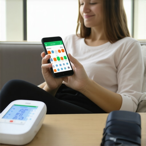 A parent managing family health data via a smartphone app and medical devices