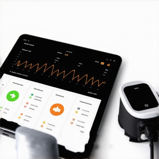 A tablet showing medical data trends next to a home blood pressure monitor