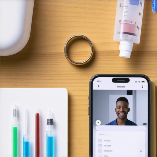 A smart ring, home blood test kit, and a smartphone showing a telehealth interface.