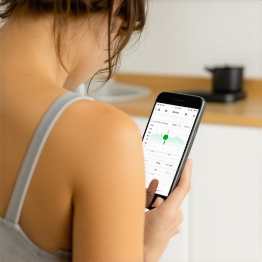 Monitoring Glucose Levels via Smartphone App A person using a smartphone to check their glucose levels with a CGM sensor in a kitchen.