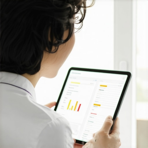 Monitoring Metabolic Health Progress at Home Digital tablet showing blood work results for insulin and glucose markers