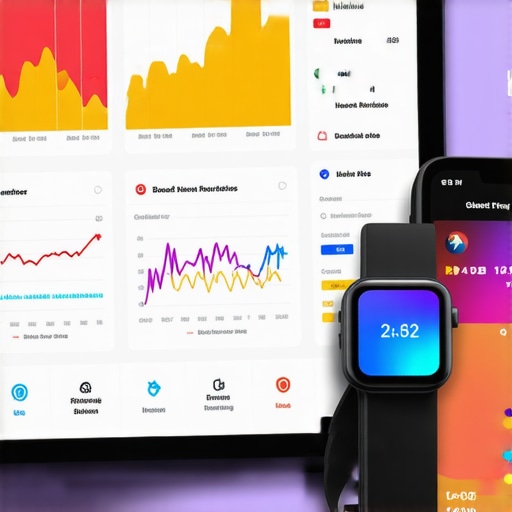 A digital health dashboard showing longitudinal lab data and wearable metrics on a tablet and phone.