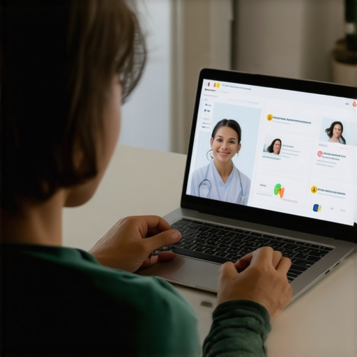 A person using a laptop for a virtual doctor visit in a well-lit home office.