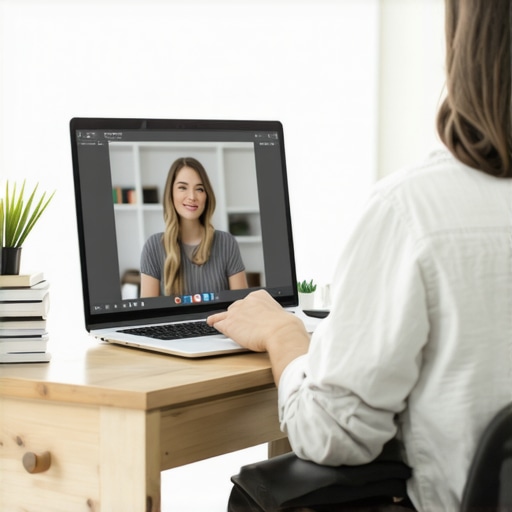 A person adjusting their monitor height for better posture during a virtual physical therapy session.