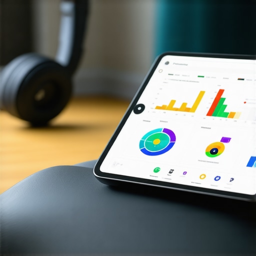 A modern digital health setup with noise-canceling headphones and a tablet displaying wellness data for telehealth sessions.