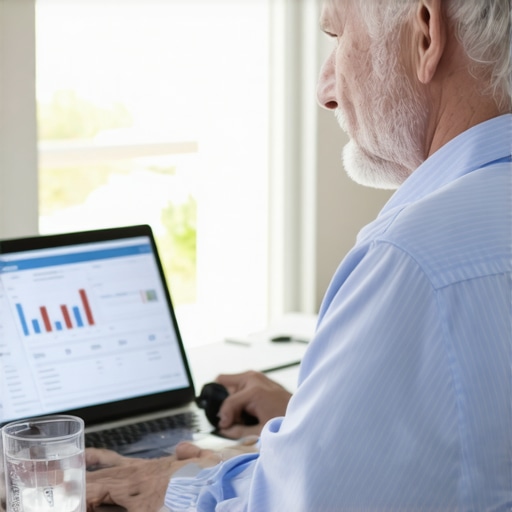 A patient preparing for a virtual doctor visit with lab results and medical equipment ready.