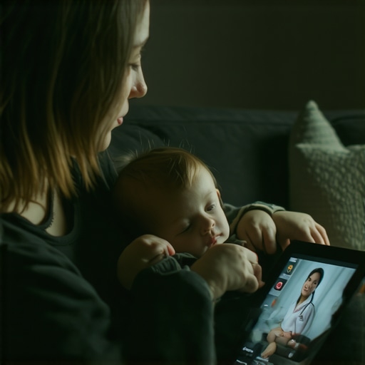 Pediatric Telehealth Visit at Night A mother using a tablet for a virtual doctor visit with her sick toddler at home.