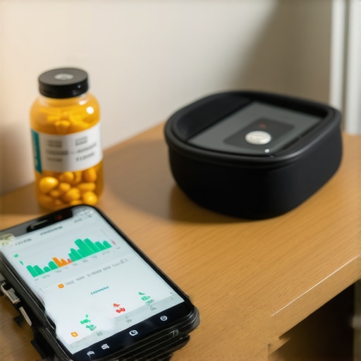 Digital health tools and blood pressure monitor on a nightstand.