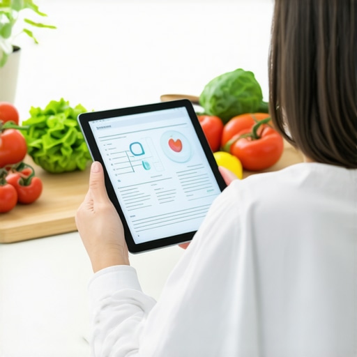 A person analyzing blood work data on a tablet in a kitchen to customize their diet.