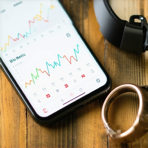 Smartphone displaying health metrics and graphs next to a wearable tracking ring
