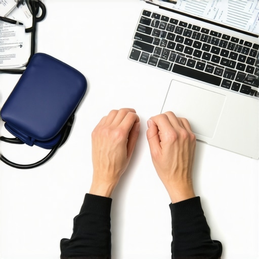 A person tracking lab results and using a blood pressure cuff at home for better wellness monitoring.