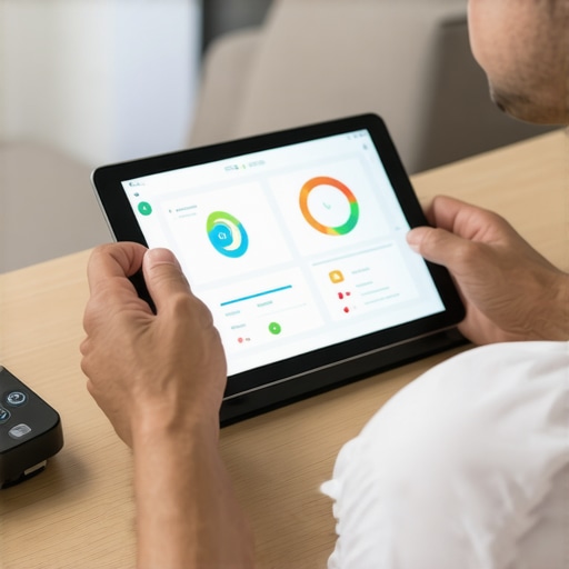 Proactive Health Management via Telehealth A patient using a digital tablet for a remote healthcare appointment at home with monitoring tools.